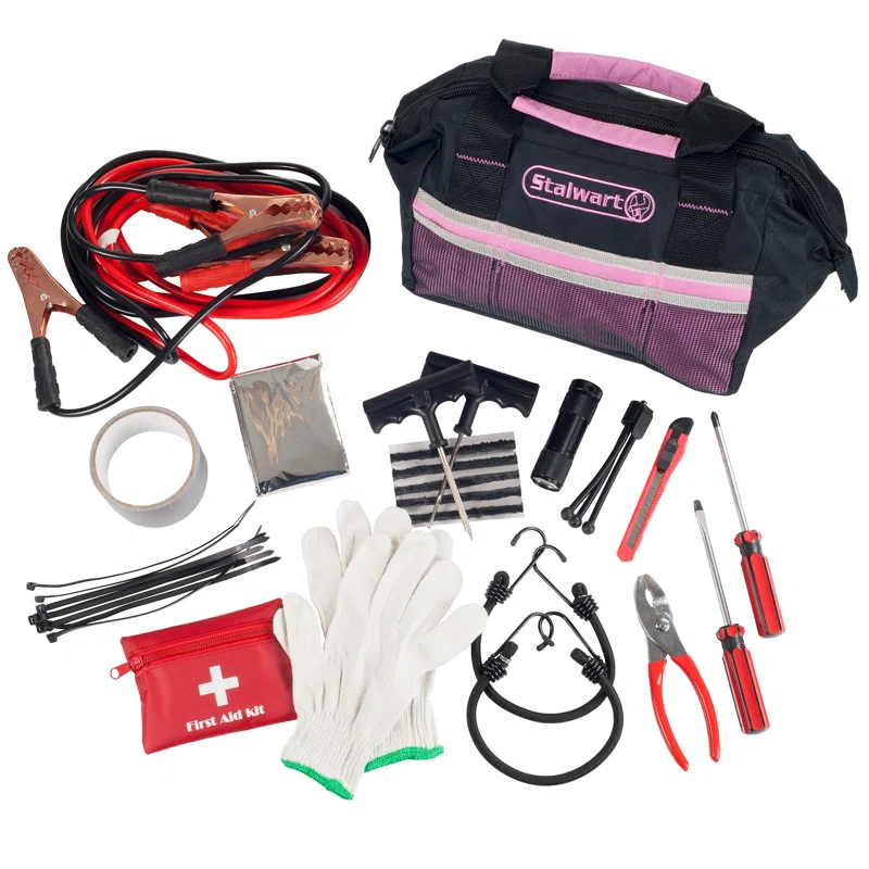 Stalwart+55+Pc+Roadside+Emergency+Car+Kit+-+Jumper+Cables,+Tools,+Gloves,+First+Aid+Kit,+and+Case